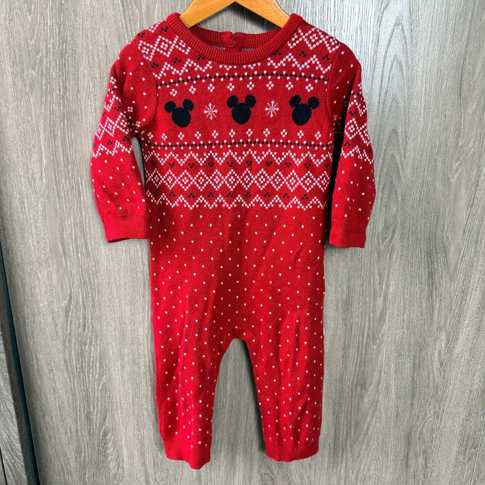 Little Sleepies x Disney Mickey Mouse Romper 12-18m Red Fair Isle Holiday Knit